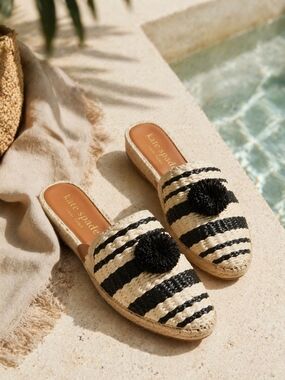Kate Spade Solero Raffia Espadrille Mules Striped Black Cream Pom Pom Slides